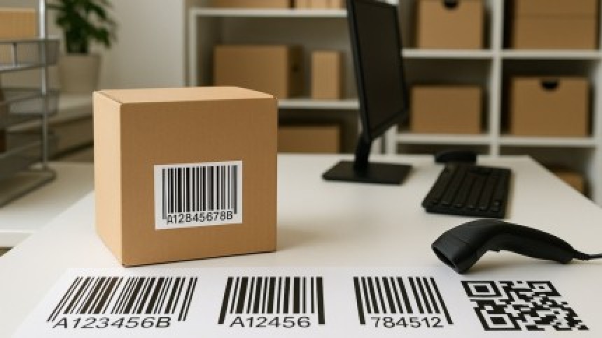 Csomagolóállomás egy kartondobozzal, amelyen vonalkódos címke található. Mellette egy vonalkódolvasó és egy lap különböző típusú kódokkal, köztük egy QR-kóddal.