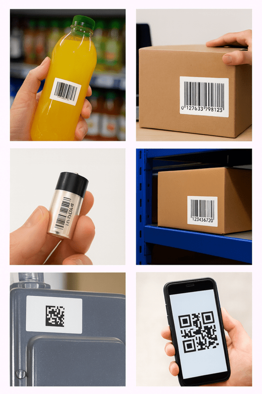 Hat példa a kódok alkalmazására: vonalkód egy gyümölcsleves palackon, egy csomagon, egy elemen és egy dobozon egy raktári polcon, valamint QR-kód egy mérőórán és egy okostelefon képernyőjén.