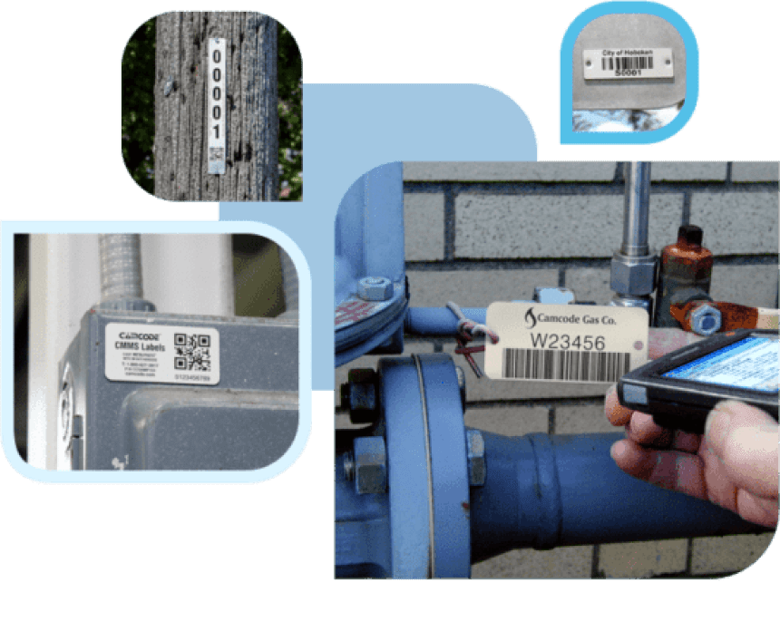 Fotókollázs, amely a tartós, vonalkódos és QR-kódos címkék alkalmazását mutatja be eszközök azonosítására: villanyoszlopon, fém táblán és egy ipari berendezésen, amelyet egy dolgozó olvas le.