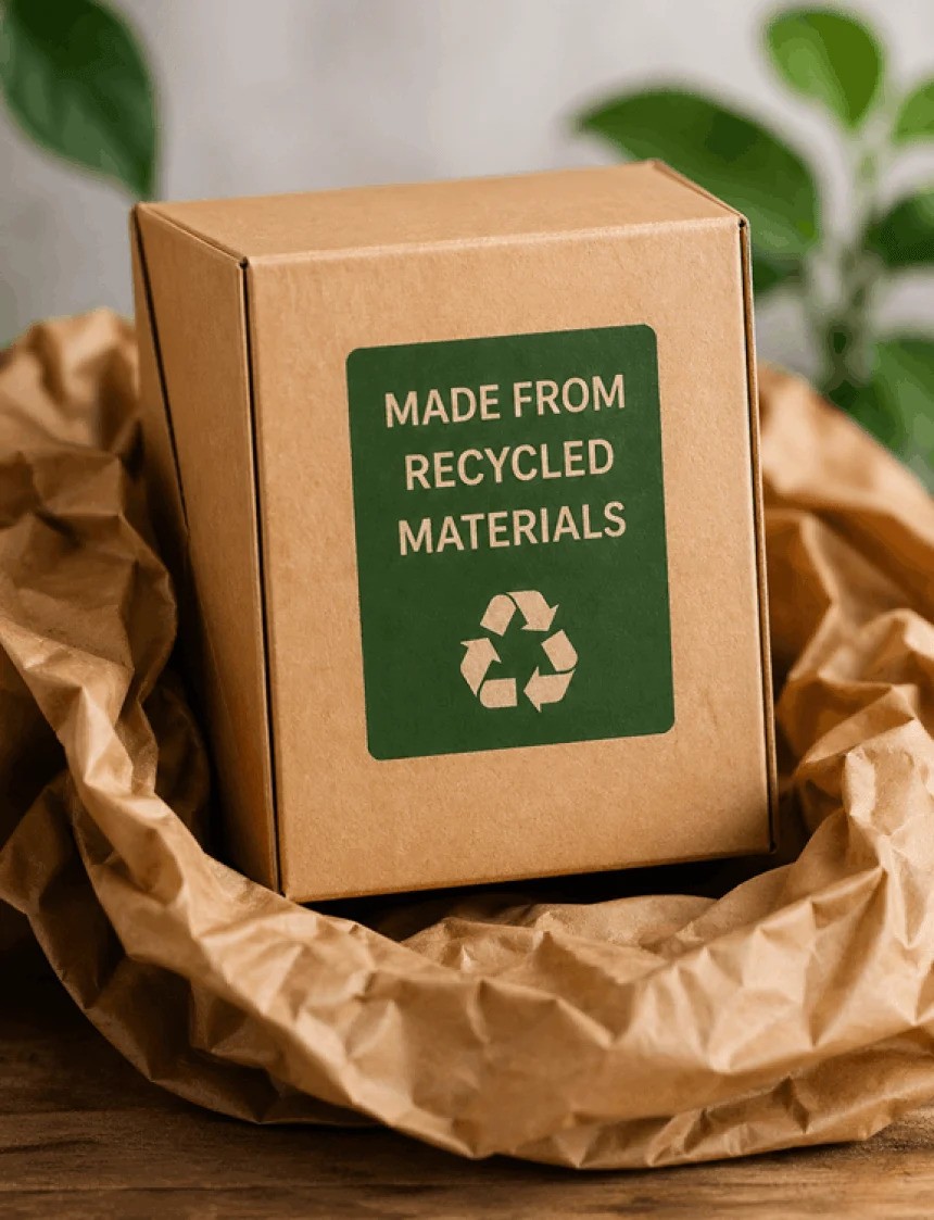 Kartondoboz zöld címkével, amelyen az "MADE FROM RECYCLED MATERIALS" (Újrahasznosított anyagokból készült) felirat és az újrahasznosítás szimbóluma látható, barna papírra helyezve.