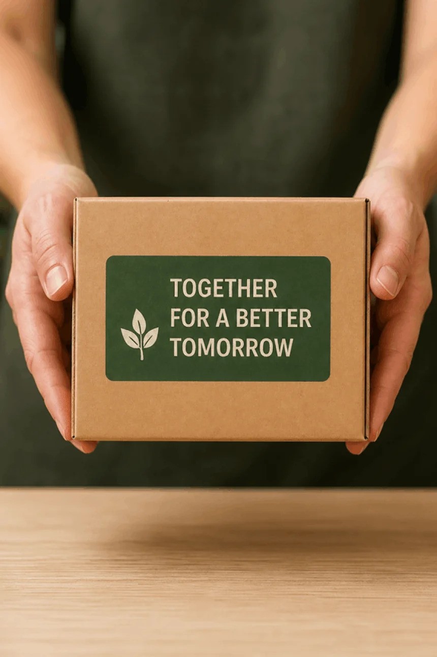 Kezek egy kartondobozt tartanak, amelyen egy zöld címke található "TOGETHER FOR A BETTER TOMORROW" (Együtt egy jobb holnapért) felirattal.