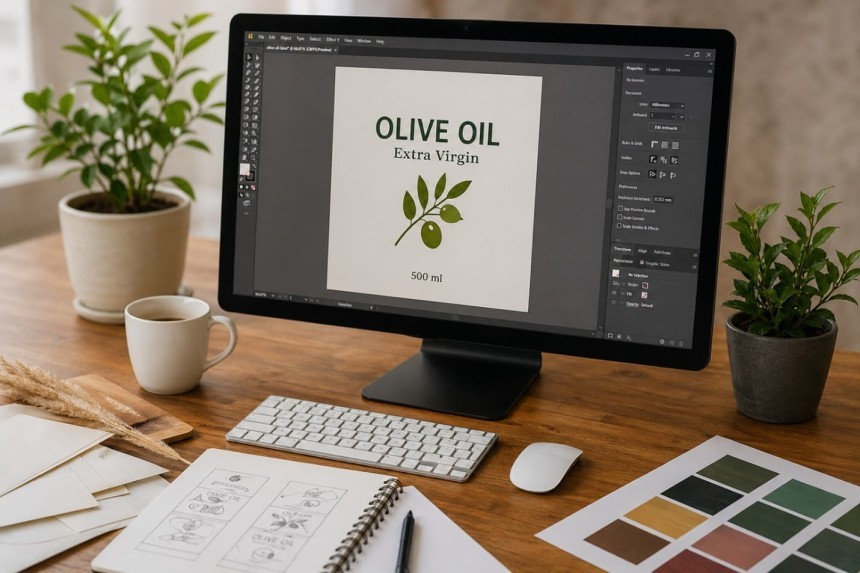 Grafikus tervező íróasztala. A számítógép monitorán egy olívaolaj címke terve látható. Az asztalon vázlatok, billentyűzet, egér és egy csésze kávé található.
