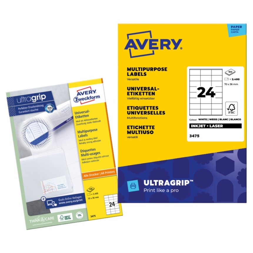 Egy csomag Avery 3475 fehér, többcélú címke. A sárga és kék csomagoláson látható, hogy 100 lapot tartalmaz, összesen 2400 címkét, egyenként 70 x 36 mm méretben. A címkék tintasugaras és lézernyomtatókhoz is alkalmasak, és Ultragrip technológiával rendelkeznek.