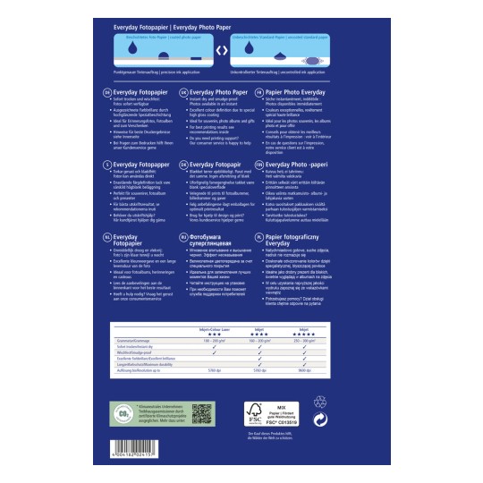 A kép az Everyday Photo Paper termékáttekintése, részletezve annak jellemzőit, specifikációit és előnyeit több nyelven. Kiemeli az olyan tulajdonságokat, mint az azonnali száradás, a maszatolásmentes felület, és a különféle nyomtatási alkalmazásokhoz való alkalmasság.