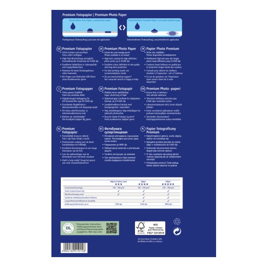 A kép egy Premium Photo Paper termék hátcímkéje, amely több nyelven, köztük németül, angolul, franciául és más nyelveken tartalmaz használati utasításokat és specifikációkat. Tartalmaz információkat, mint például a nyomtatási minőség, tintakompatibilitás és az ügyfélszolgálati támogatás.