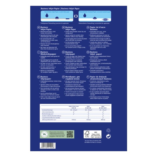 A kép egy üzleti tintasugaras papír csomagolásának dizájnját ábrázolja, amely részletezi annak jellemzőit, alkalmazásait és specifikációit több nyelven, mint például német, angol, francia, holland, orosz és lengyel. Tartalmazza az azonnali szárítás, a maszatolásmentesség jellemzőit, valamint ajánlásokat a legjobb nyomtatási eredmények eléréséhez.