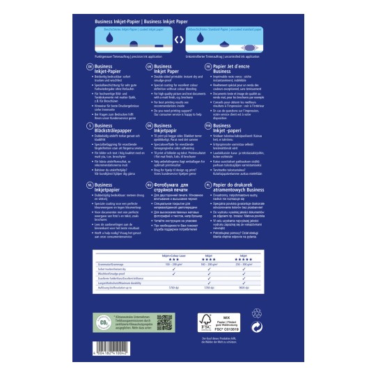 A kép egy üzleti tintasugaras papír termékinformációs lapját ábrázolja, amely részletezi a specifikációkat különböző nyelveken, beleértve a németet, angolt, franciát, dánt, finnt, hollandot, oroszt és lengyelt. Tartalmaz információkat a nyomtatási minőségről, jellemzőkről, valamint ügyféltámogatási lehetőségekről, továbbá egy táblázatot, amely összehasonlítja a különböző tintasugaras papírtípusokat.