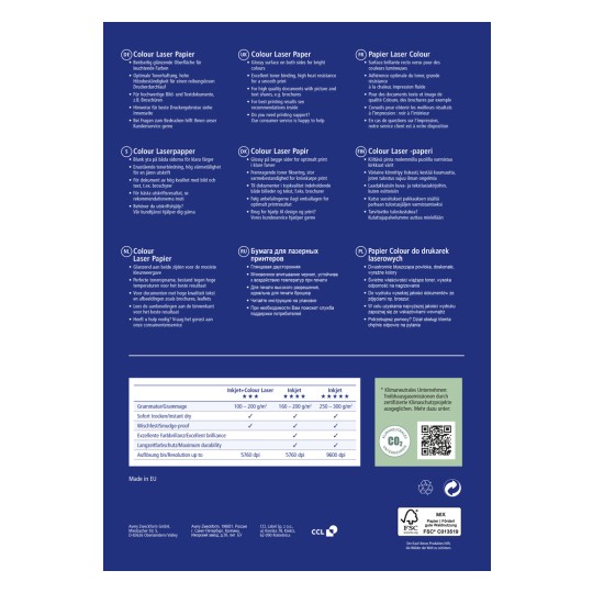 Ez a kép információkat tartalmaz a színes lézerpapírról, beleértve több nyelven leírásokat a tulajdonságairól, felhasználási módjairól és műszaki specifikációiról. Kiemeli a fényes felületet, amely ideális élénk színek nyomtatásához, és útmutatást ad a tintasugaras nyomtatókkal való kompatibilitásról, műszaki adatokkal és ügyfélszolgálattal kapcsolatosan.