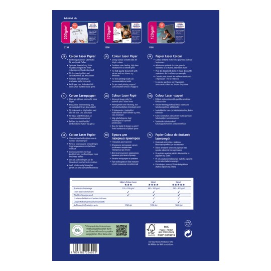 A kép a Colour Laser Paper csomagolásának hátoldalát mutatja, amely részletezi a specifikációkat, használati ajánlásokat és különféle nyelvi fordításokat. Tartalmaz információkat a papír súlyáról, minőségéről és a nyomtatási eredményekről.