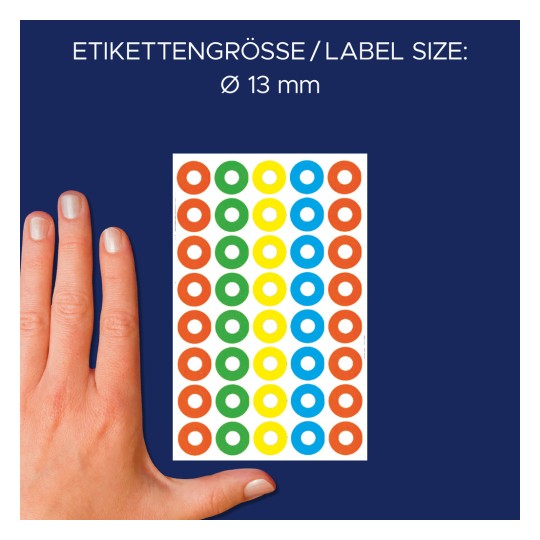 Kézzel való méret-összehasonlítás, Cikkszám: 3055, egy ív lyukerősítő gyűrűk, Méret: ⌀ 13 mm, Szín: Többszínű?