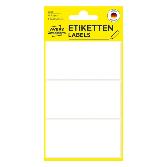 Csomagolási kép: Avery Zweckform Non A4 univerzális címkék kézi feliratozáshoz, Cikkszám: 3081, Méret: 76 x 39 mm, Tartalom: 18 címke / 6 ív, 3 címke/ív.