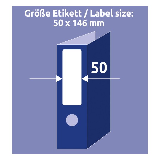 Egy illusztráció, amely egy iratmappát mutat 50 x 146 mm méretű címkével. A méreteket nyilak jelzik.