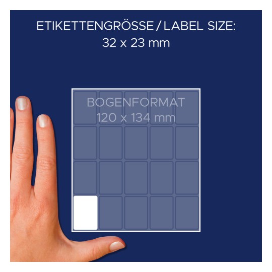 Képméret összehasonlítása kézzel, cikk: 3321, egy ív többcélú címke, méret: 32 x 23 mm, szín: fehér?