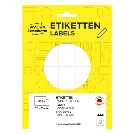 Csomagolási kép: Avery Zweckform nem A4-es univerzális címkék kézi feliratozáshoz, cikk: 3321, méret: 32 x 23 mm, tartalom: 560 címke / 28 ív, 20 címke/ív.