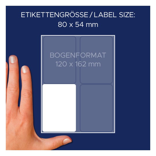 A kép egy címkearkot mutat megadott méretekkel, egy kéz a méretarányhoz. A címke mérete 80 x 54 mm, a teljes ív mérete pedig 120 x 162 mm.