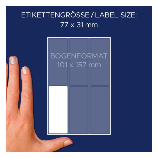 A kép egy 77 x 31 mm méretű címkét ábrázol, kezet mutatva méretarányként. Továbbá a címkelap formátuma 101 x 157 mm.