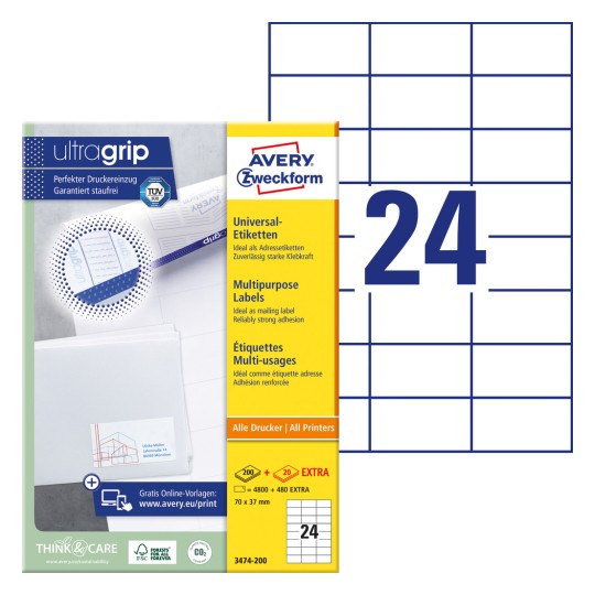 Csomagkép címkelappal: Avery Zweckform Univerzális Címkék, Cikkszám: 3474-200, Méret: 70 x 37 mm, Nyomtatási alkalmasság: Tintasugaras, Lézer monokróm, Színes lézer, Tartalom: 5.280 címke / 220 lap, 24 címke/lap