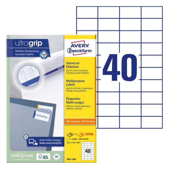 Csomagolási kép címkemappával: Avery Zweckform Univerzális Címkék, Cikkszám: 3651-200, Méret: 52,5 x 29,7 mm, Nyomtatási alkalmasság: Inkjet, fekete-fehér lézer, színes lézer, Tartalom: 8.800 címke / 220 ív, 40 címke/ív.