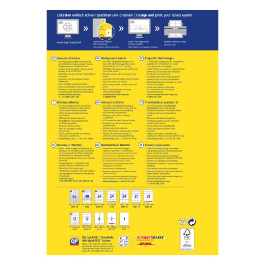 A kép egy többnyelvű útmutató a címkék nyomtatásához, amely részletesen bemutatja a címketervezés és nyomtatás egyedi technológiáját és jellemzőit. Tartalmaz információkat különböző nyelveken, nyomtatási tippeket, elérhetőségeket, valamint különböző címkeméretek specifikációit.