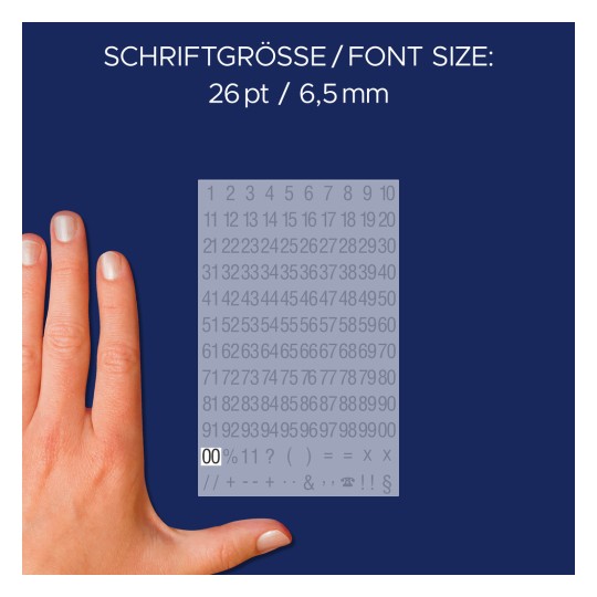 Egy kép, amely egy kéz mellett számokat és szimbólumokat megjelenítő diagramot mutat, a tetején a következő szöveggel: 'BETŰMÉRET: 26 pt / 6,5 mm'.