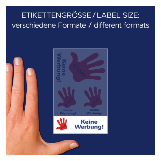 Méretösszehasonlítás kézzel, Cikkszám: 3741, egy ív postaládára való matrica, Méret: 85 x 160 mm, Szín: Piros, Kék?