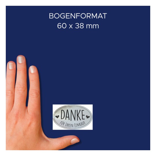 Méretösszehasonlítás kézzel, Cikkszám: 3844, egy ív promóciós matrica Köszönjük a vásárlását, Méret: 38 x 58 mm, Szín: Ezüst, Fekete?