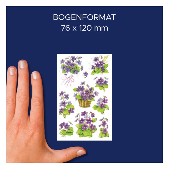 A kép egy kéz látható egy lap mellett, amely különböző lila ibolyák és zöld levelek illusztrációit tartalmazza, mérete 76 x 120 mm.