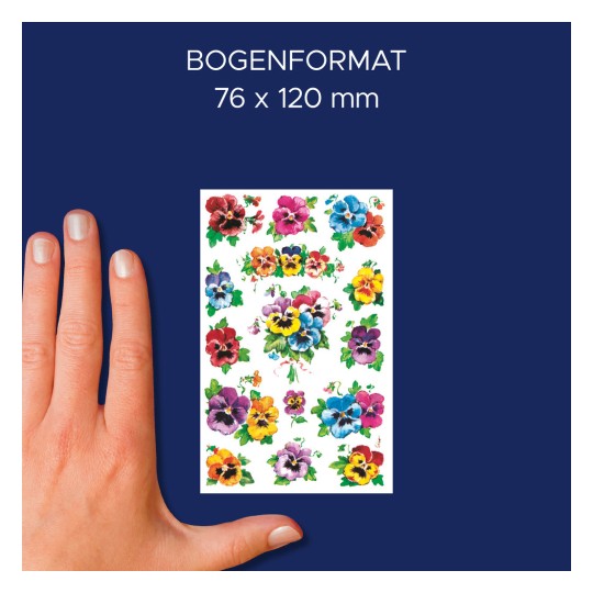 Méret-összehasonlítás kézzel, cikk: 4398, egy ív virágmatrica, méret: 85 x 160 mm, szín: tarka.