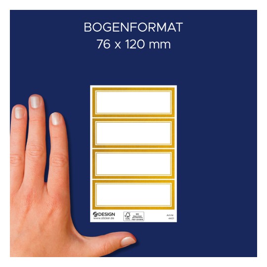 A képen egy kéz látható egy matricalap mellett, amelyen négy arany színnel körvonalazott üres címke található. A lap méretei 76 x 120 mm.