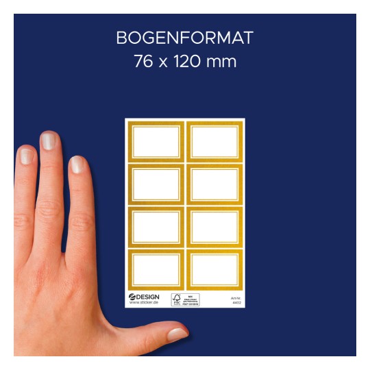 Méretösszehasonlítás kézzel, Cikkszám: 4402, egy ív matricák címkézésre, Méret: 85 x 160 mm, Szín: Arany, Fehér?