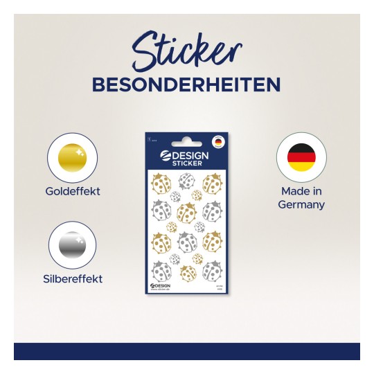 A kép egy matricalapot mutat be, amely különféle katicabogár dizájnokat tartalmaz arany- és ezüsthatásokkal, "Design Sticker" felirattal. Megemlíti, hogy a termék Németországban készült.