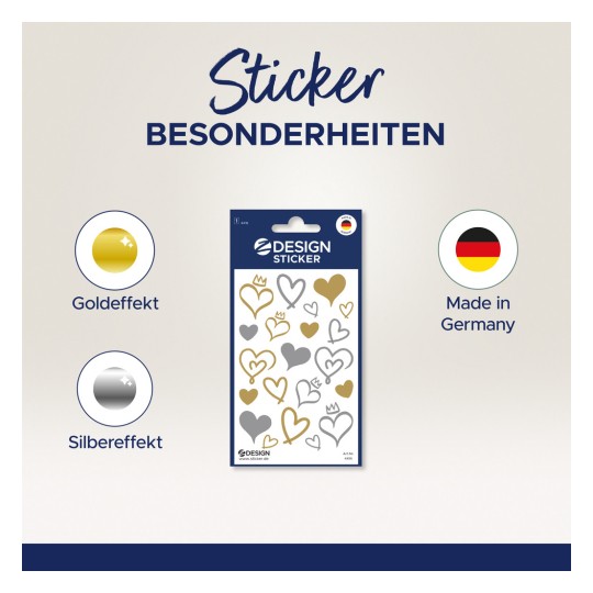 A képen egy csomag dekoratív matricák látható, szív alakúak arany és ezüst hatással. Részleteket mutat be, mint például a 'Made in Germany' és a márkanév, a matricák egyedi jellemzőire helyezve a hangsúlyt.
