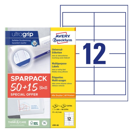 Csomagkép címkézett lapokkal: Avery Zweckform univerzális címkék, cikk: 4781-65, méret: 97 x 42,3 mm, nyomtatási alkalmasság: tintasugaras, lézer fekete/fehér, színes lézer, tartalom: 780 címke / 65 lap, 12 címke/lap.
