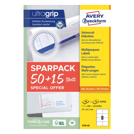 Csomagoláskép: Avery Zweckform Univerzális Címkék, tartósan tapadó, Cikkszám: 4782-65, Méret: 97 x 67,7 mm, Nyomtatási alkalmasság: Inkjet, fekete-fehér lézer, színes lézer, Tartalom: 520 címke / 65 ív, 8 címke/ív.