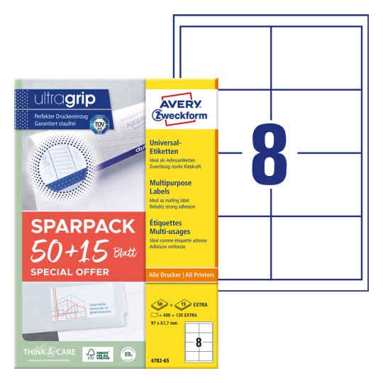 Csomagolási kép címkézett lappal: Avery Zweckform univerzális címkék, cikk: 4782-65, méret: 97 x 67,7 mm, nyomtatási alkalmasság: tintasugaras, fekete-fehér lézer, színes lézer, tartalom: 520 címke / 65 lap, 8 címke/lap.