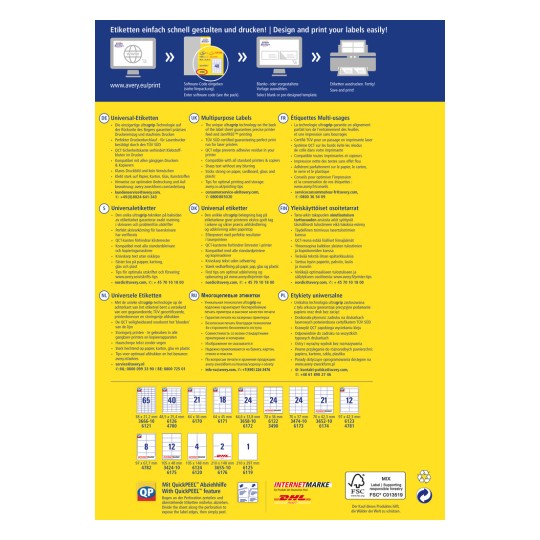 A kép egy többnyelvű útmutató különféle címkék nyomtatásához, részletes leírásokkal és utasításokkal több nyelven, beleértve a németet, angolt, franciát, finn nyelvet, hollandot, oroszt és lengyelt. Kiemeli a szabványos nyomtatókkal és anyagokkal való kompatibilitást, valamint elérhetőségi információkat is megad.