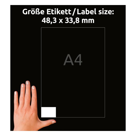 Kézméret-összehasonlítás, cikk: 4789, egy ív univerzális címke, méret: 48,3 x 33,8 mm, szín: fehér.
