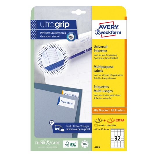 Csomagolás képe: Avery Zweckform univerzális címkék, tartósan ragadó, cikk: 4789, méret: 48,3 x 33,8 mm, nyomtatási alkalmasság: tintasugaras, lézer fekete/fehér, színes lézer, tartalom: 960 címke / 30 lap, 32 címke/lap.