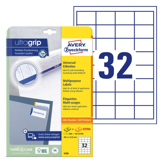 Csomagolási kép címkefüzettel: Avery Zweckform Univerzális címkék, Termék: 4789, Méret: 48,3 x 33,8 mm, Nyomtatási alkalmasság: Inkjet, lézer f/sz, színes lézer, Tartalom: 960 címke / 30 ív, 32 címke/ív