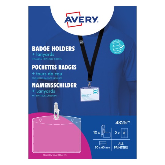 Csomagolási kép: Avery Zweckform, Cikk: 4825, Formátum: 90 x 60 mm, Nyomtatási alkalmasság: Tintasugaras, Színes lézer, Fekete-fehér lézer, Másológép, Tartalom: 10 névtábla / 16 behelyezhető címke / 2 ív, /ív?