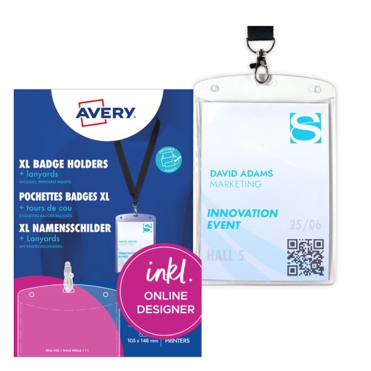 Csomagolási kép kártyalappal: Avery Zweckform névtábla-táskák nyakpánttal, cikk: 4834, méret: 105 x 148 mm, nyomtatási alkalmasság: tintasugaras, színes lézer, fekete-fehér lézer, fénymásoló, tartalom: 10 névtáblácska / 12 betétcímke / 3 ív/ ív?