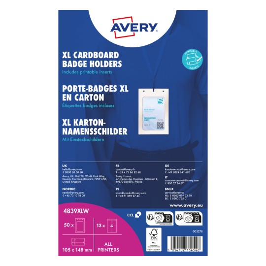 Az Avery XL karton névtartók csomagolásának eleje nyakpánttal és minta kitűzővel?