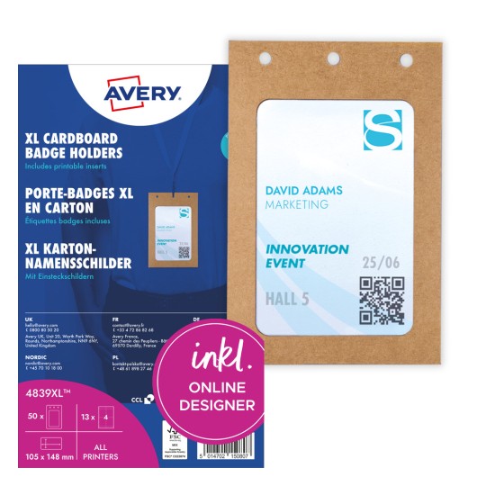 Csomag ábrázolása kártyalappal: Avery Zweckform nagy névtáblazsebek, cikkszám: 4839XL, méret: 105 x 148 mm, nyomtató kompatibilitás: lézer fekete/fehér, színes lézer, tintasugaras, lézer, tartalom: 50 névtábla / 52 betétcímke / 13 lap /csomag?