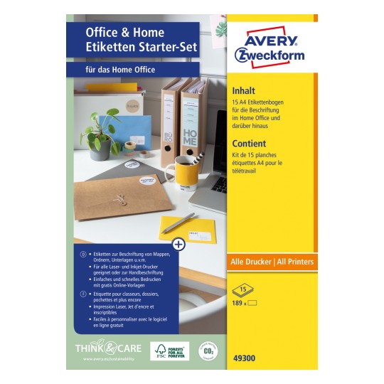 Csomagolási kép: Avery Zweckform univerzális címkék, tartósan tapadó, Cikk: 49300, Méret: 210 x 297 mm, Nyomtatási alkalmasság: tintasugaras, fekete-fehér lézer, színes lézer, Tartalom: 180 címke / 15 lap, 12 címke/lap.
