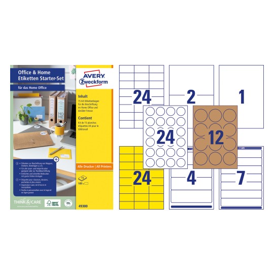 Csomagolás ábrázolása címkewerkületen: Avery Zweckform Office & Home Címke Kezdőkészlet, Cikk: 49300, Formátum: 210 x 297 mm, Nyomtatáshoz alkalmas: Tintás, Lézer fekete/fehér, Színes lézer, Tartalom: 180 címke / 15 lap, 12 címke/lap.