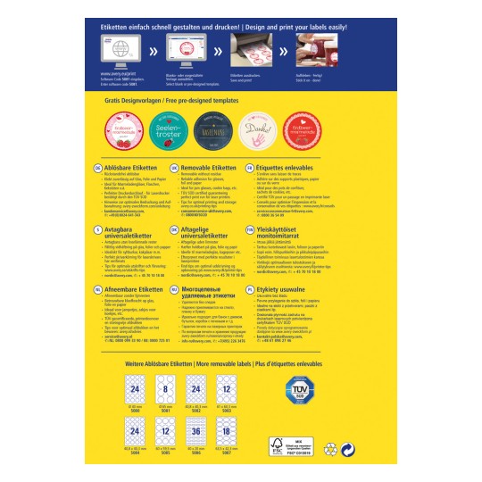 A kép az Avery címkék hirdetése, amely különböző típusú levehető és ragadós címkéket mutat be, valamint tervezési sablonokat. Tartalmazza a címkék egyszerű tervezéséhez és nyomtatásához szükséges útmutatásokat, az ügyfélszolgálat elérhetőségeit, valamint a címkeméretek listáját.