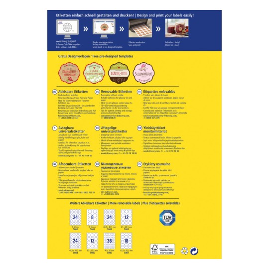 A képen egy Avery szórólap látható, amely címke termékeket, tervezési sablonokat és nyomtatási utasításokat mutat be több nyelven, beleértve a németet, franciát, hollandot, oroszt és lengyelt.