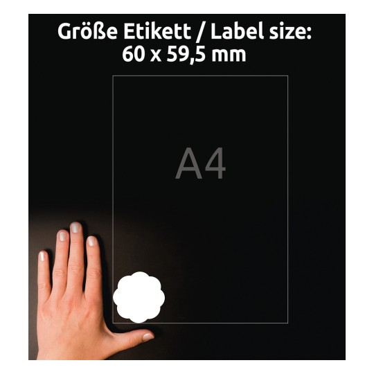 A kép egy kéz és egy címkeméret-táblázat mellett látható, amely 60 x 59,5 mm-es méreteket jelöl, A4-es méretre hivatkozva.