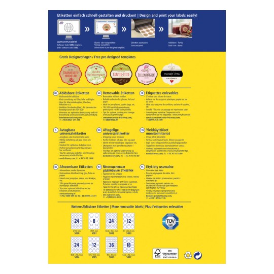Ez a kép az Avery eltávolítható címkéinek promóciós szórólapja, amely különféle tervezeteket és sablonokat mutat be több nyelven. Tartalmazza a címkék tervezésére és nyomtatására vonatkozó utasításokat, valamint információkat az elérhető különböző címketípusokról.