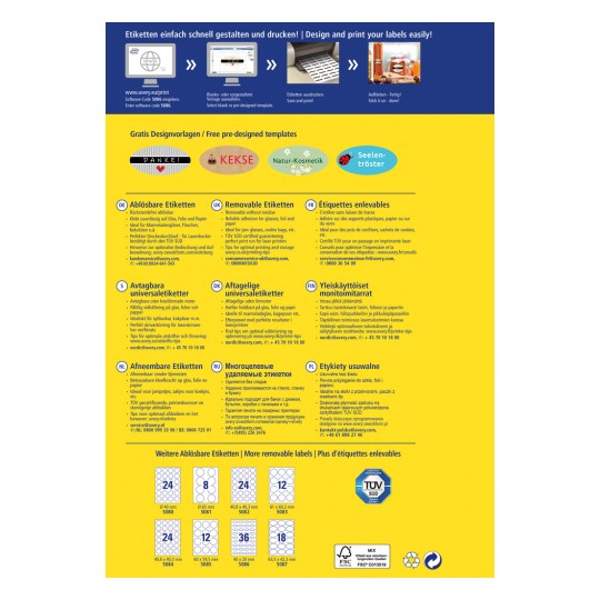 Egy tájékoztató grafika a címketervezésről és nyomtatásról, amely különböző típusú eltávolítható címkéket mutat be több nyelven, sablonpéldákkal és elérhetőségi adatokkal együtt.